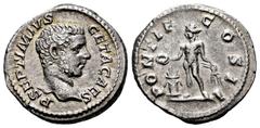 Roman Imperial Geta. Denarius. 208 AD. Rome. (Spink-7187 var). (Ric-59b). (Ch-114). Anv.: P SEPTIMIVS GETA CAES. Bare head right. Rev.: PONTIF COS II. Genius standing left, sacrificing from patera ove