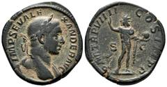 Roman Imperial Severus Alexander. Sestertius. 230 AD. Rome. (Ric-504). Anv.: IMP SEV ALEXANDER AVG, laureate head right with slight drapery over shoulder. Rev.: P M TR P VIIII COS III P P, Sol radiate
