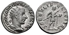 Roman Imperial Gordian III. Antoninianus. 242-244 AD. Uncertain mint. (Spink-8659). (Ric-216). (Seaby-319). Rev.: SAECVLI FELICITAS. Gordian standing right in military attire, holding transverse spear