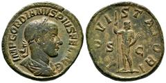 Roman Imperial Gordian III. Sestertius. 241-243 AD. Rome. (Ric-298a). Anv.: IMP GORDIANVS PIVS FEL AVG, laureate, draped and cuirassed bust right. Rev.: IOVI STATORI, Jupiter, naked, standing front, l