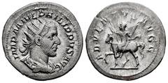 Roman Imperial Philip I. Antoninianus. 245 AD. Rome. (Spink-8916). (Ric-26b). (Seaby-3). Rev.: ADVENTVS AVGG. Philip on horseback left, raising hand and holding long scepter. Ag. 3,95 g. Choice VF. Es