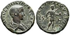Roman Imperial Philip II. Sestertius. 244-246 AD. Rome. (Ric-255a). (C-55). Anv.: M IVL PHILIPPVS CAES, bare-headed, draped bust right. Rev.: PRINCIPI IVVENT, Philip II standing right, holding transve