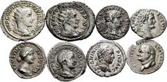 Ancient Coins Ancient Coins. Lot of 8 coins of the Roman Empire. Denarii of Vespasian, Trajan, Faustina, Septimus Severus, Caracalla and Gordian III, Antoninians of Gordian III and Philip I. Ag. TO EX