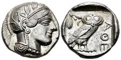 Greek Coins Attica. Tetradrachm. 454-404 BC. Athens. (Gc-2526). (Sng Cop-31). Anv.: Head of Athena right, wearing crested Attic helmet ornamented with three olive leaves above visor and spiral palmett