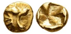 Greek Coins Ionia. 1/48 stater. 600-550 BC. Uncertain mint. Lydo-Milesian standard. Figural type. Anv.: Head of roaring lion to right. Rev.: Quadripartite incuse square. El. 0,32 g. Studies in Early E