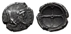 Greek Coins Sicily. Gela. Obol. 480-470 BC. (Hgc-2, 372). Anv.: Forepart of river-god Gelas right. Rev.: Four-spoked wheel. Ag. Tone. Choice VF. Est...250,00. SPANISH DESCRIPTION: Sicilia. Gela. Óbolo