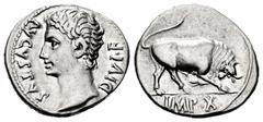 Roman Imperatorial Augustus. Denarius. 15 a.C. Lugdunum. (Ric-167b). (Bmcre-455). (Rsc-139). Anv.: AVGVSTVS DIVI•F, bare head left. Rev.: Bull butting to right; IMP•X in exergue. Ag. 3,82 g. Very rare