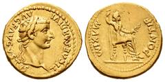 Roman Imperial Tiberius. Aureus. 14-17 d.C. Lugdunum. (Spink-1760). (Ric-29). (Cal-305). Anv.: TI CAESAR DIVI AVG F AVGVSTVS. Cabeza laureada de Tiberio a derecha. Rev.: PONTIF MAXIM. Pax sentada a de