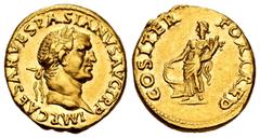 Roman Imperial Vespasian. Aureus. 70 AD. Lugdunum. (Ric-1104). (Cal-602a). Anv.: IMP CAESAR VESPASIANVS AVG TR P. Busto laureado a derecha. Rev.: COS ITER - FORT RED. La Fortuna en pie a izquierda con