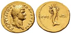 Roman Imperial Domitian. Aureus. 76 AD. Rome. (Ric-918). (Ch-46). (Cal-817). Anv.: CAESAR AVG F DOMITIANVS. Laureate bust right. Rev.: COS IIII. Cornucopie with fruits. Au. 7,08 g. Choice VF. Est...35