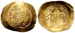 Byzantine Empire Alexius III Angelus-Comnenus. Hyperpyron. 1195-1203 AD. Constantinople. (Doc-1b). (Sear-2008). Anv.: KЄRO HΘЄI, Christ Pantokrator standing facing on dais, raising hand in benediction