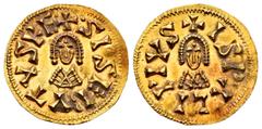 Visigothic Coins Sisebuto (612-621). Tremissis. Ispali (Sevilla). (Cnv-219.23). (Pliego-275a). (Chaves-148). Anv.: +·SISEBVTVSRE·. Rev.: +ISPALIPIVS. Au. 1,48 g. Minor scratch on obverse. Ex Chaves Co