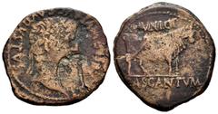 Celtiberian Coins Cascantum. Time of Tiberius. Unit. 14-36 BC. Cascante (Navarra). (Abh-691). (Acip-3157). Anv.: Laureate head of Tiberius on the right, around TI CAESAR DIVI AVG F AVGVSTVS. Rev.: Bul