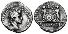 Roman Imperatorial Augustus. Denarius. 7-6 BC. Lugdunum. (Ffc-22). (Ric-207). (Cal-852). Anv.: CAESAR AVGVSTVS DIVI. F. PATER. PATRIE, his laureate head right. Rev.: C.L. CAESARES AVGVSTI. F. COS. DES