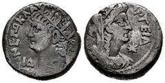 Roman Imperial Nero. Tetradrachm. RY 14 = 67/8 AD. Alexandria. (RPC-5315). (Emmett-122). Anv.: NЄPΩ KΛAV (KAIΣ ΣЄB ΓЄP AV), radiate bust left, wearing aegis; L I∆ (date) below chin. Rev.: (HPA) APΓEIA
