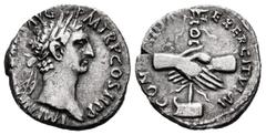 Roman Imperial Nerva. Denarius. 96 AD. Rome. (Ric-3). (Bmcre-8/9). (Rsc-25). Anv.: IMP (NERVA CAES) AVG P M TR P COS II P P, laureate head right. Rev.: CONCORDIA EXERCITVVM, clasped hands holding legi