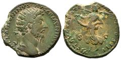 Roman Imperial Marcus Aurelius. Dupondius. 166 AD. Rome. (Ric-925 as sestertius). Rev.: VICT AVG TR POT XX IMP III COS III legend with Victory flying left holding garland (or open diadem?) in both han