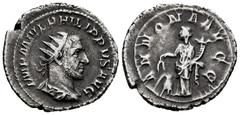 Roman Imperial Philip I. Antoninianus. 245-247 AD. Rome. (Spink-8922). (Ric-28c). (Seaby-25). Rev.: ANNONA AVGG, Annona standing to left holding corn-ears over modius and cornucopiae. Ag. 4,82 g. Almo