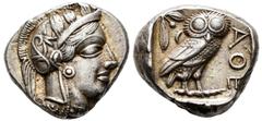Greek Coins Attica. Tetradrachm. 454-404 BC. Athens. (Gc-2526). (Sng Cop-31). Anv.: Head of Athena right, wearing crested Attic helmet ornamented with three olive leaves above visor and spiral palmett