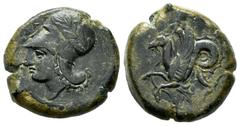Greek Coins Sicily. Time of Dionysios I. Hemilitron. 405-367 BC. (Sng Ans-434-46). (Hgc-2, 1456). Anv.: Head of Athena to left, wearing laureate Corinthian helmet; ΣΥΡ[Α] inverted above. Rev.: Bridled