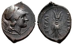 Greek Coins Sicily. Syracuse. AE 17. 308-307 BC. Agathokles. (Sng Ans-751). (CNS-119). Anv.: Head of Athena to right, wearing crested Corinthian helmet. Rev.: ΣΥΡΑΚ-ΟΣΙΩΝ, winged thunderbolt. Ae. 2,59