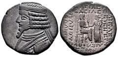 Greek Coins Kingdom of Parthia. Phraates IV. Tetradrachm. 38/7 - 2 BC. Seleukeia on the Tigris. (Sellwood-51.22). (Shore-271). Anv.: Diademed bust left. Rev.: Phraates seated right, receiving palm fro