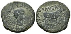 Celtiberian Coins Calagurris. Augustus period. Unit. 27 BC - 14 AD. Calahorra (La Rioja). (Abh-422). Anv.: IMP. CAESAR. AVGVSTVS. P.P. Laureate head of Augustus right. Rev.: Bull right, C. SEMP. BARBA