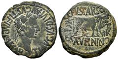 Celtiberian Coins Calagurris. Unit. 14-36 BC. Calahorra (La Rioja). Time of Tiberius. (Abh-429). (Acip-3128b). Anv.: Laureate head of Tiberius, around TI AVGVS DIVI AVGVSTI F IMP CAESAR . Rev.: Bull t