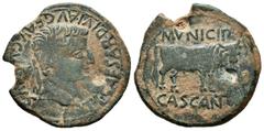 Celtiberian Coins Cascantum. Time of Tiberius. Unit. 14-36 BC. Cascante (Navarra). (Abh-690). (Acip-3159). Anv.: Laureate head of Tiberius right around CAESAR DIVI AVG F TI AVGVSTVS. Rev.: Bull to rig