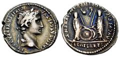 Roman Imperatorial Augustus. Denarius. 7-6 BC. Lugdunum. (Ffc-22). (Ric-207). (Cal-852). Anv.: CAESAR AVGVSTVS DIVI. F. PATER. PATRIE, his laureate head right. Rev.: C.L. CAESARES AVGVSTI. F. COS. DES