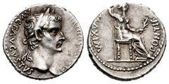 Roman Imperial Tiberius. Denarius. 16 AD. Lugdunum. (Spink-1763). (Ric-30). Anv.: TI CAESAR DIVI AVG F AVGVSTVS. Laureate head right. Rev.: PONTIF MAXIM; Livia seated right with sceptre. Ag. 3,70 g. D