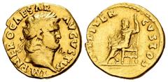 Roman Imperial Nero. Aureus. 66-68 AD. Rome. (Ric-52). (Cal-412). Anv.: NERO CΛESAR AVGVSTVS, laureate head right . Rev.: IVPPITER CVSTOS, Jupiter seated left on throne, holding thunderbolt in right h