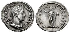 Roman Imperial Severus Alexander. Denarius. 231 AD. Rome. (Ric-109). (Spink-7913). Anv.: IMP ALEXANDER PIVS AVG. Laureate head right . Rev.: P M TR P X COS III P P. Radiate Sol, naked except for chlam