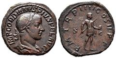 Roman Imperial Gordian III. Sestertius. 238-244 AD. Rome. (Ric-307). Rev.: P M TR P III COS II P P SC. Emperor standing right with spear and globe. Ae. 19,15 g. Smoothed. Choice VF. Est...150,00. SPAN