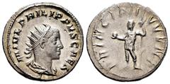Roman Imperial Philip II. Antoninianus. 244-246 AD. Rome. (Ric-218d). (Rsc-48). Anv.: M IVL PHILPPVS CAES, radiate, draped and cuirassed bust right. Rev.: PRINCIPI IVVENT, Philip II, in military attir