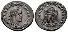 Roman Imperial Philip II. Tetradrachm. 249 AD. Antioch. Seleucis and Pieria. (Prieur-473). Anv.: AYTOK K M IOYΛI ΦIΛIΠΠOC CЄB. Rev.: ΔHMAPX ЄΞOYCIAC ΥΠΑΤΟ Δ. Bi. 11,55 g. Attractive patina. AU. Est...