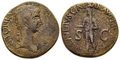 Roman Imperial Antonia. Dupondius. 41-50 AD. Rome. (Ric-I 92 (Claudius)). (Bmcre-166). Anv.: ANTONIA A(VGVS)TA, draped bust to right. Rev.: TI CLAVDIVS CAESAR AVG P M TR P IMP, Claudius standing to le
