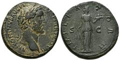 Roman Imperial Antoninus Pius. Sestertius. 139 AD. Rome. (Ric-716a). Rev.: IMPERATOR II, Fides standing right, holding corn-ears and basket of fruit; S-C across fields . Ae. 26,64 g. Cleaned. Almost V