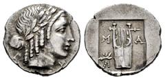 Greek Coins Licia. Masikytes. Hemidrachm. Century I-II BC. (Troxell-lycia 107). (Sng von Aulock-4333). Anv.: Laureate head of Apollo right, Λ behind, Y before. Rev.: Kithara of four strings, M-A acros