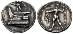 Greek Coins Kingdom of Macedon. Demetrios I Poliorketes. Tetradrachm. 300-295 BC. Salamis. (Head, Guide-IV B 17 prototype). (Cf. Newell-23). (SNG München-1038). Anv.: Nike standing to left on prow of 