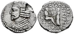 Greek Coins Kingdom of Parthia. Vardanes I. Tetradrachm. 38-46 AD. Seleukeia on the Tigris. (Sellwood-64, 15). Anv.: Diademed bust left. Rev.: Vardanes seated right, receiving palm from Tyche standing