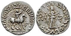 Greek Coins Indo-Skythians. Azes II. Tetradrachm. 58-20/19 BC. (Hgc-12, 638). Anv.: King on horseback riding to right, wearing cataphractus and holding whip aloft, Karosthi letter before horse. Rev.: 