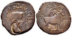 Celtiberian Coins Turiaso. Augustus period. Unit. 27 BC - 14 AD. Tarazona (Zaragoza). (Abh-2450). Anv.: TI. CAESAR. AVG F. IMP. PONT. M. around laureate head of Tiberius right. Rev.: Bull right, M. PO
