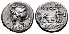 Roman Republican Licinius. P. Licinius Nerva. Denarius. 113-112 BC. Uncertain mint. (Ffc-802). (Craw-292/1). (Cal-888). Anv.: Diademed head of Roma left, holding spear and shield, X before, crescent a