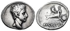Roman Imperatorial Augustus. Denarius. 18-17/16 BC. Colonia Patricia (Córdoba). (Ffc-14). (Ric-126). (Cal-808). Anv.: Bare head of Augustus right. Rev.: AVGVSTVS below capricorn right bearing cornucop