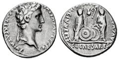 Roman Imperatorial Augustus. Denarius. 7-6 BC. Lugdunum. (Ffc-22). (Ric-207). (Cal-852). Anv.: CAESAR AVGVSTVS DIVI. F. PATER. PATRIE, his laureate head right. Rev.: C.L. CAESARES AVGVSTI. F. COS. DES
