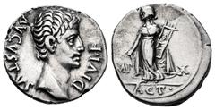 Roman Imperatorial Augustus. Denarius. 15-13 BC. Lugdunum. (Ffc-112). (Ric-171). (Cal-829). Anv.: AVGVSTVS DIVI. F bare head of Augustus right. Rev.: IMP. - X., Apollo standing Ieft, holding lyre and 
