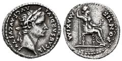 Roman Imperial Tiberius. Denarius. 14-37 AD. Lugdunum. (Spink-1763). (Ric-26). Anv.: TI CAESAR DIVI AVG F AVGVSTVS. Laureate head of Tiberius to the right. Rev.: PONTIF MAXIM. Livia seated right with 