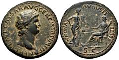 Roman Imperial Nero. Sestertius. 65 AD. Lugdunum. (Ric-390). (Bmcre-305). Anv.: NERO CLAVD CAESAR AVG GER P M TR P IMP P P, laureate bust right, globe at point of bust. Rev.: ANNONA AVGVSTI CERES, Ann