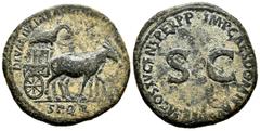 Roman Imperial Julia Titi. Sestertius. 90-91 AD. Rome. Struck under Domitian. (Ric-717). Anv.: DIVAE IVLIAE (AVG DIVI TITI F), carpentum drawn by two mules right; SPQR in exergue. Rev.: IMP CAES DOMIT